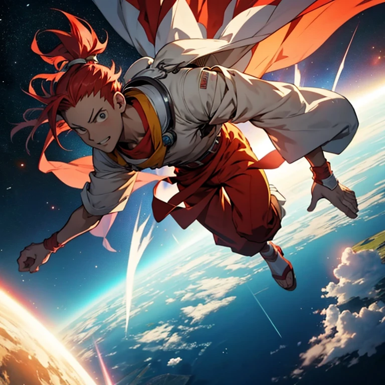 Senku, a character inspired by the anime Dr.. Stone, exploring space without a helmet and with bright red hair. And he runs through the air