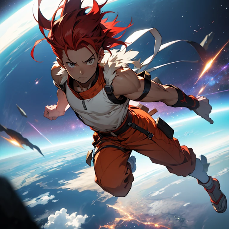 Senku, a character inspired by the anime Dr.. Stone, exploring space without a helmet and with bright red hair. And he runs through the air