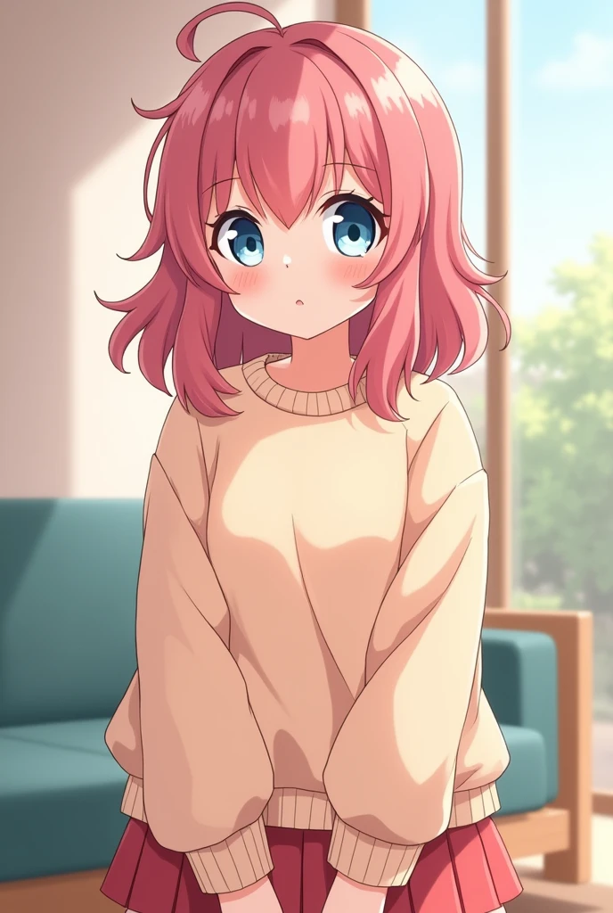 Draw an anime style girl with a chubby body and soft curves, with wavy pink hair that reaches her shoulders. Her large, expressive eyes are a light blue, conveying a mixture of sweetness and determination. She wears a cute and casual outfit, like a loose pastel colored sweater and a pleated skirt. Your personality is cheerful and outgoing., always with a smile on your face, but she also has a shy side when it comes to her feelings