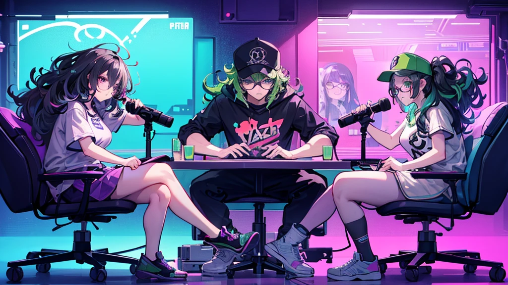 a podcast room, 3 chairs, 2 waifus and 1 otaku, waifu 1 with curly hair and sage green glasses, waifu 2 with wavy hair and purple glasses, otaku wearing black cap and anime shirt, rgb lighting, detailed 3D rendering, highly photorealistic, 8k, cinematic lighting, intricate details, vibrant colors, studio quality