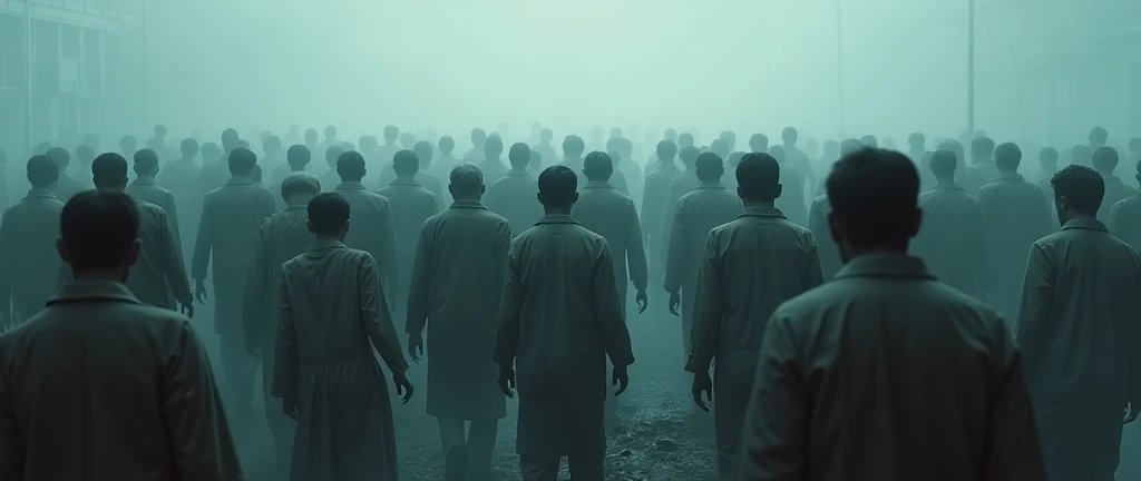 rear view scene with hundreds of living dead men and women, with tortuous gait, seen from the back, walking in a scary setting with fog, hyper-realistic



