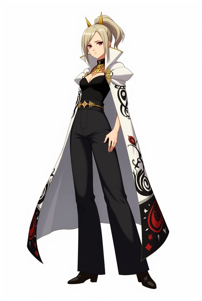draw in anime style in full growth on a white background: a tall woman with ash blond hair, split bangs in 2 sides, and a 1 high ponytail. She wears a black tank top with gold detailing, and on top of the tank top is a white long cape with wide sleeves with black, white and red peacock feather detailing. She is also wearing black wide pants and black shoes. She also has a hairpin with a black, white and red peacock feather on her head. Her eyes are red and not big. She also has gold accessories on her head. She must seem a rich and cool woman. Make her expression serious or in a dynamic pose