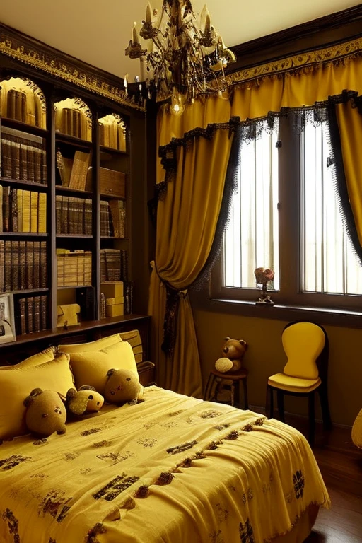 Gothic architecture、Yellow and brown atmosphere、Gothic、yellow、wood、very small teddy bear、stage、hinterland、room、Honey、Bedroom、canopy、Bookshelf、Master Room、広いBedroom