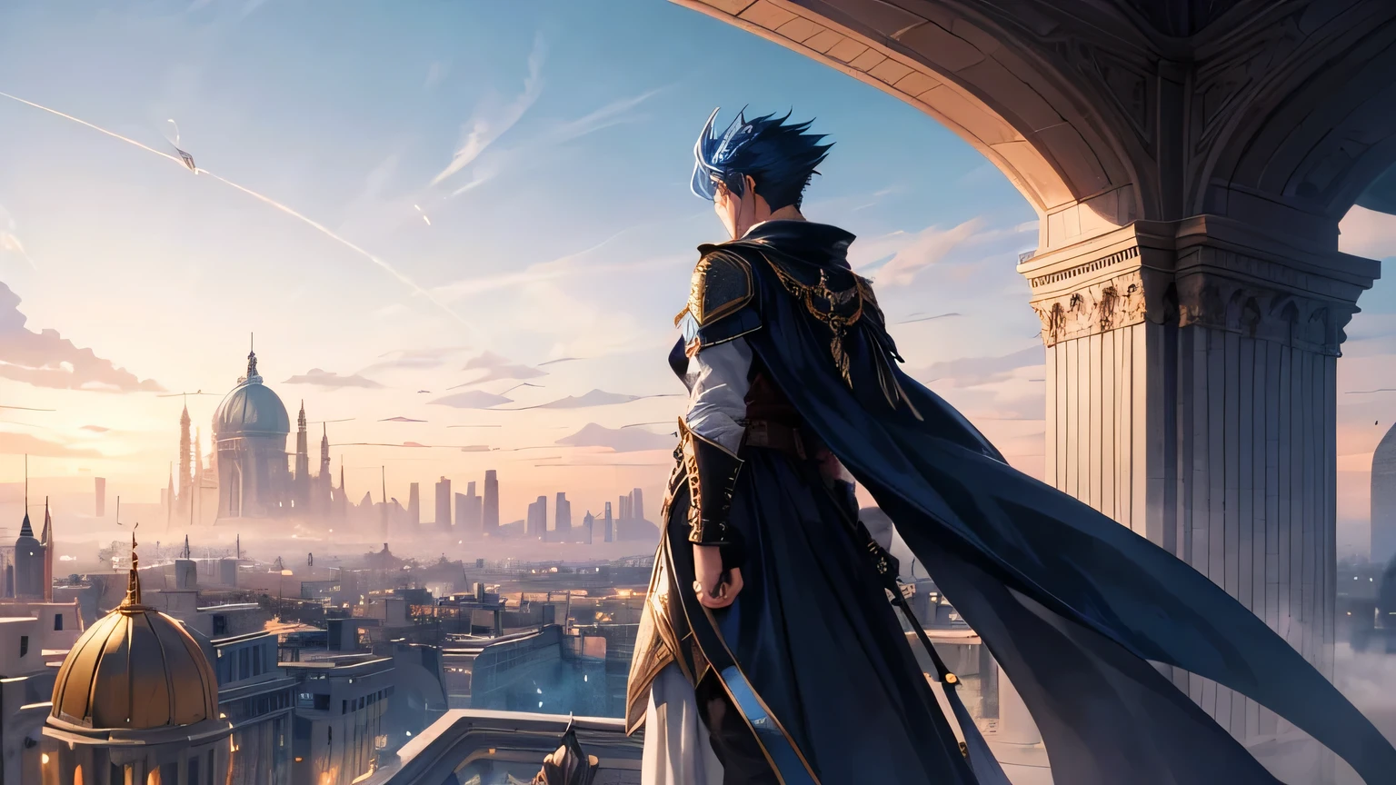 A majestic fantasy cityscape bathed in soft, glowing daylight, with grand, futuristic architecture featuring towering domes, arches, and large open spaces. In the foreground, a lone character with spiky blue hair stands confidently on a circular platform. The character is wearing a flowing, black cloak that billows in the wind, with a determined stance as they look over the vast city. The overall atmosphere is bright yet mysterious, with a sense of adventure and heroism."