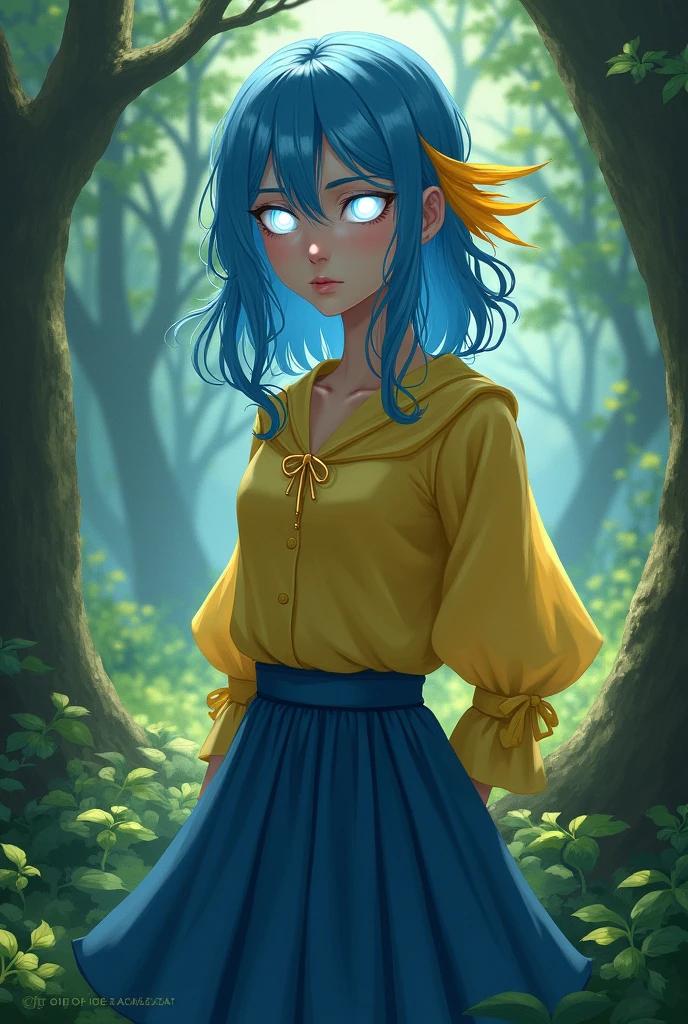 A girl with bright white eyes,with blue hair and yellow streak,with a blue skirt and a yellow shirt,that it is in a forest and that the bright eyes are noticed
