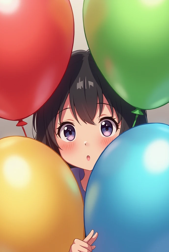 Prompt: "A close-up of  kid  holding a colorful balloon with three sections in bright red, green, and blue colors. The balloon has a glossy, shiny surface that reflects the light. The background is soft and neutral to make the colors pop in anime form