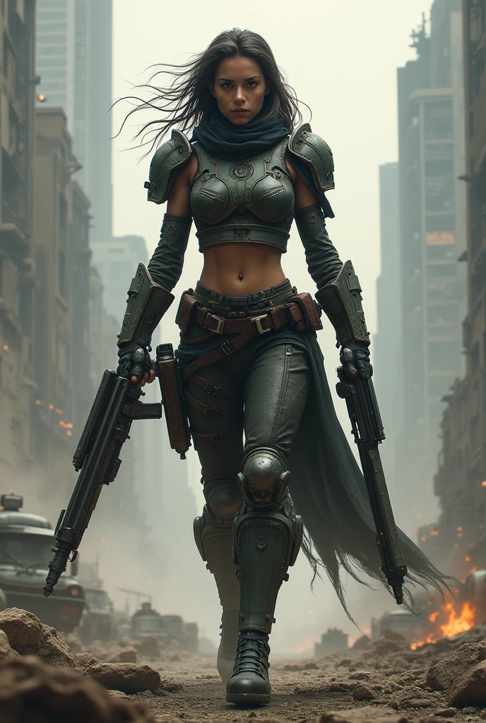 Female warrior in an apocalyptic world with powerful weapons.