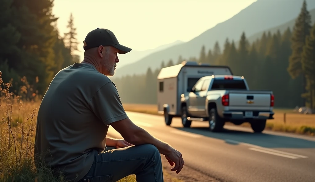 My story begins on the open spaces of the roads. A man, middle-aged, thick-set, in a baseball cap, sits on the side of the road - a connoisseur of freedom, who loves the feeling of boundless space in front of him. There is a pickup truck with a camper trailer nearby, With forest and mountains in the background.| Soft, unobtrusive lighting; Dreamy and surreal composition | Sony and A7R IV with Sony Fe lens 85 mm F/1.4GM | Clear image of details; Smooth background transition -AR 9:16 -raw material type -stylize 75 -stop 90 -in 6.1