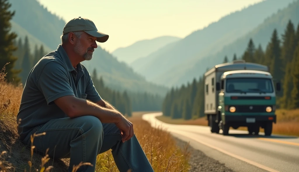 My story begins on the open spaces of the roads. A man, middle-aged, thick-set, in a baseball cap, sits on the side of the road - a connoisseur of freedom, who loves the feeling of boundless space in front of him. There is a pickup truck with a camper trailer nearby, With forest and mountains in the background.| Soft, unobtrusive lighting; Dreamy and surreal composition | Sony and A7R IV with Sony Fe lens 85 mm F/1.4GM | Clear image of details; Smooth background transition -AR 9:16 -raw material type -stylize 75 -stop 90 -in 6.1