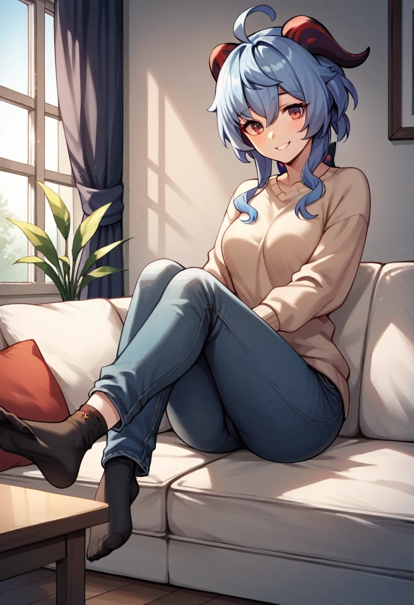 score_9, score_8_up, score_7_up, score_6_up, score_5_up, score_4_up, source_anime, ganyu girl,blue hair, smile, 1girl, sofa, short hair, red eyes, red horns, low breasts, jewelry, sweater, jeans, black socks, winter, windows, room, best quality, best res, 4K UHD,