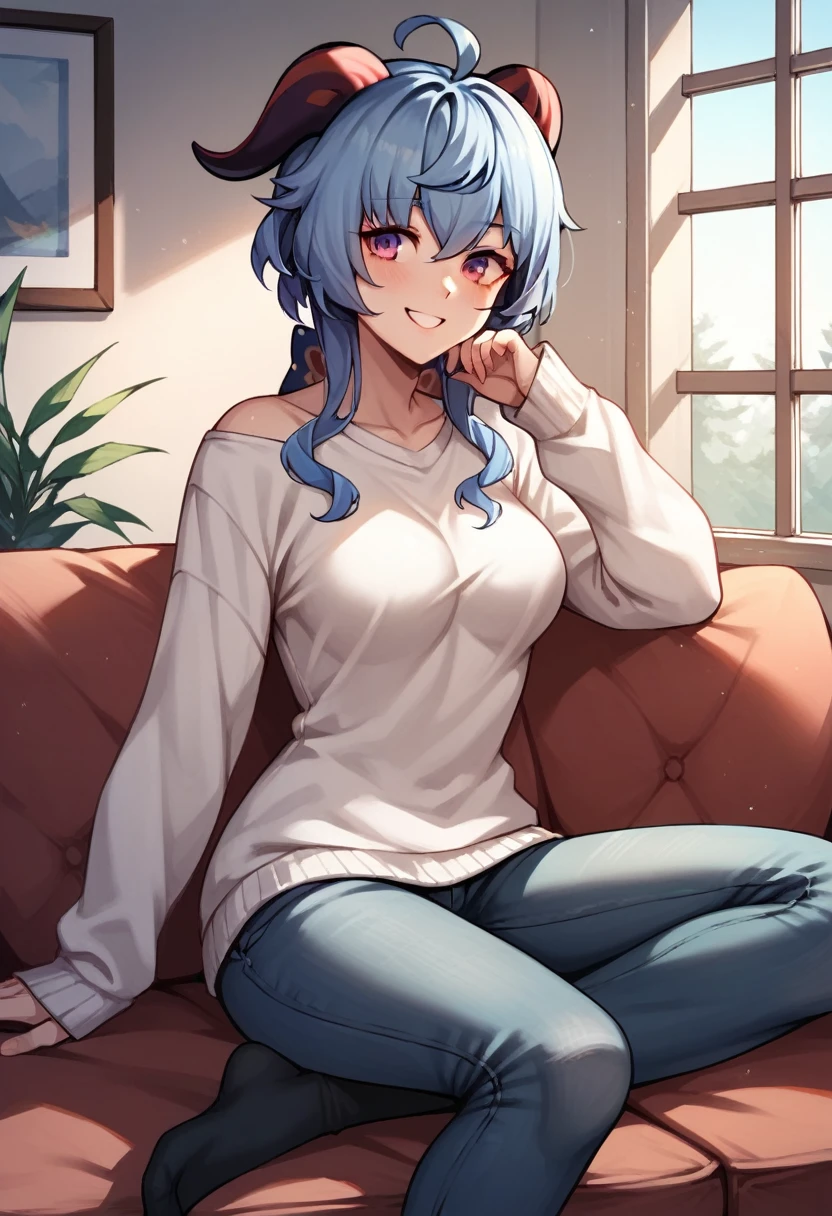 score_9, score_8_up, score_7_up, score_6_up, score_5_up, score_4_up, source_anime, ganyu girl,blue hair, smile, 1girl, sofa, short hair, red eyes, red horns, low breasts, jewelry, sweater, jeans, black socks, winter, windows, room, best quality, best res, 4K UHD,