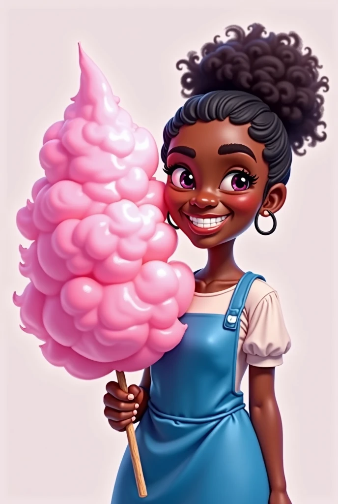Cartoon black woman in blue apron holding pink cotton candy
