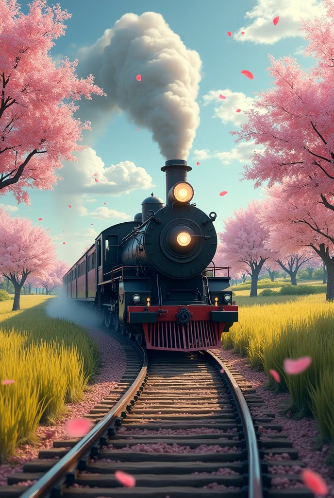 Absurd, High resolution, Super detailed, beautiful, masterpiece, Highest quality、reflection、Realな質感、Realistic、Real、Realistic、Blur、steam locomotive、Running along the tracks、Spiral track、cloud、Cherry blossom trees、SakuraFubuki、Realな蒸気、Vast rice fields、