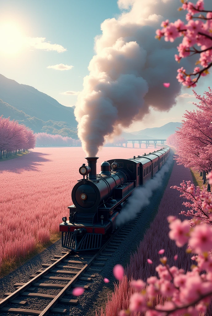 Absurd, High resolution, Super detailed, beautiful, masterpiece, Highest quality、reflection、Realな質感、Realistic、Real、Realistic、Blur、steam locomotive、Running along the tracks、Spiral track、cloud、Cherry blossom trees、SakuraFubuki、Realな蒸気、Vast rice fields、