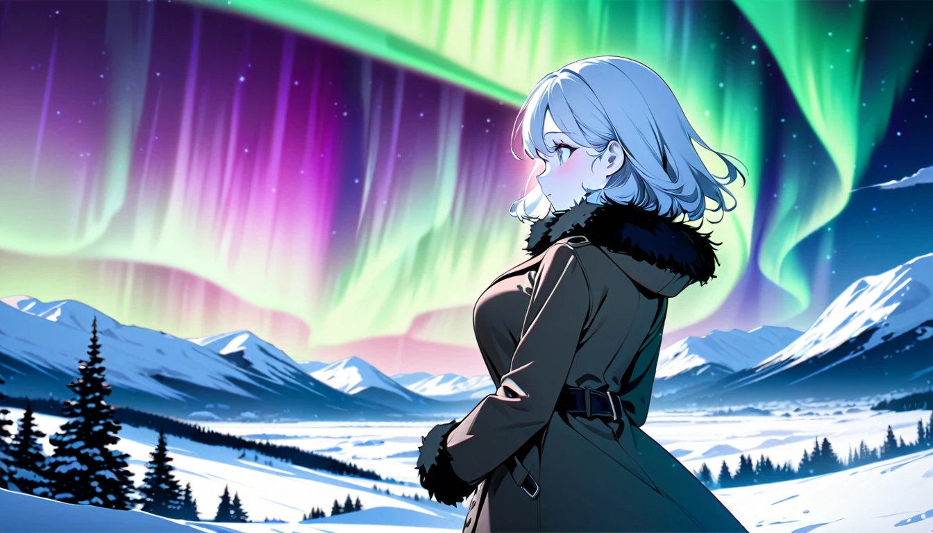 a girl, snow-covered landscape, midnight, stunning aurora, girl gazing at aurora, big breasts, slim waist, white skin, beautiful, petite, fine hair, beautiful hair, warm coat, cozy, back shot, detailed face, beautiful eyes, elegant, cute, anime-style, manga-inspired, captivating, artistic depth, emotional resonance, masterpiece, ultra high quality illustration, high resolution, 16k, beautiful, delicate, (SuperQuality:1.2)