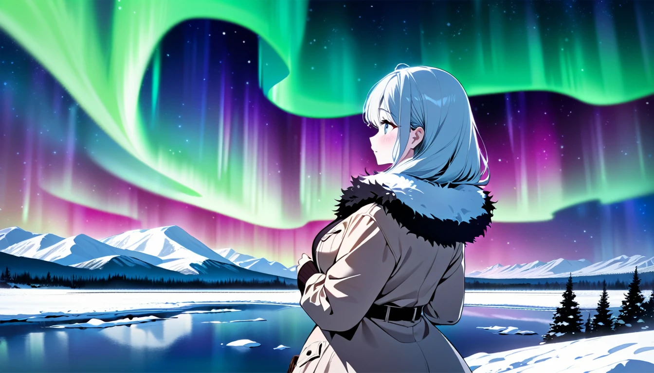 a girl, snow-covered landscape, midnight, stunning aurora, girl gazing at aurora, big breasts, slim waist, white skin, beautiful, petite, fine hair, beautiful hair, warm coat, cozy, back shot, detailed face, beautiful eyes, elegant, cute, anime-style, manga-inspired, captivating, artistic depth, emotional resonance, masterpiece, ultra high quality illustration, high resolution, 16k, beautiful, delicate, (SuperQuality:1.2)