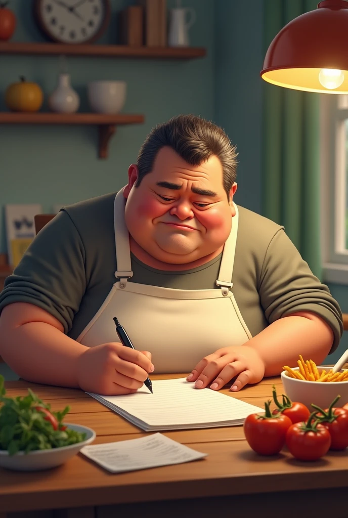I need you to generate an image of the fat person making a list of healthy foods 