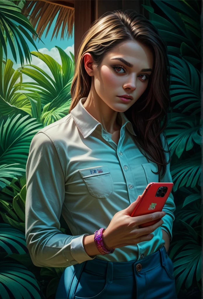 young businessman talking on phone outdoors in tropical country, detailed portrait, cinematic lighting, dramatic composition, vibrant colors, photorealistic, highres, 8k, best quality, ultra-detailed, professional photography