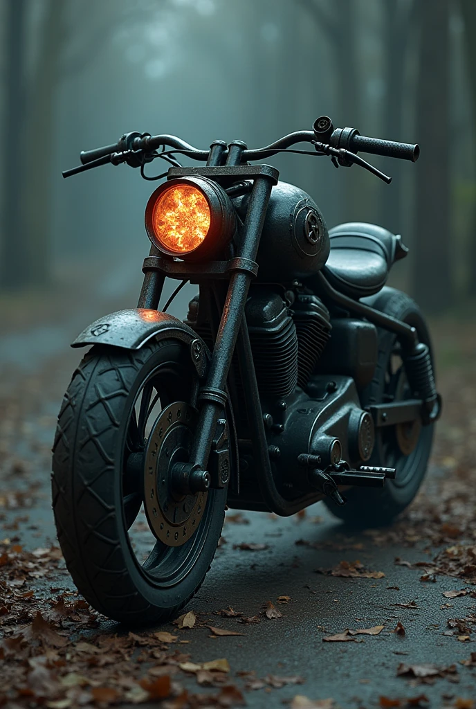 Create an image of a large motorcycle, black, ancient and cursed, like the fictional character ghost rider without the fire. Make her look spooky and ghostly, cursed with ancient and evil spirits. Image for RPG. Remove the front light.