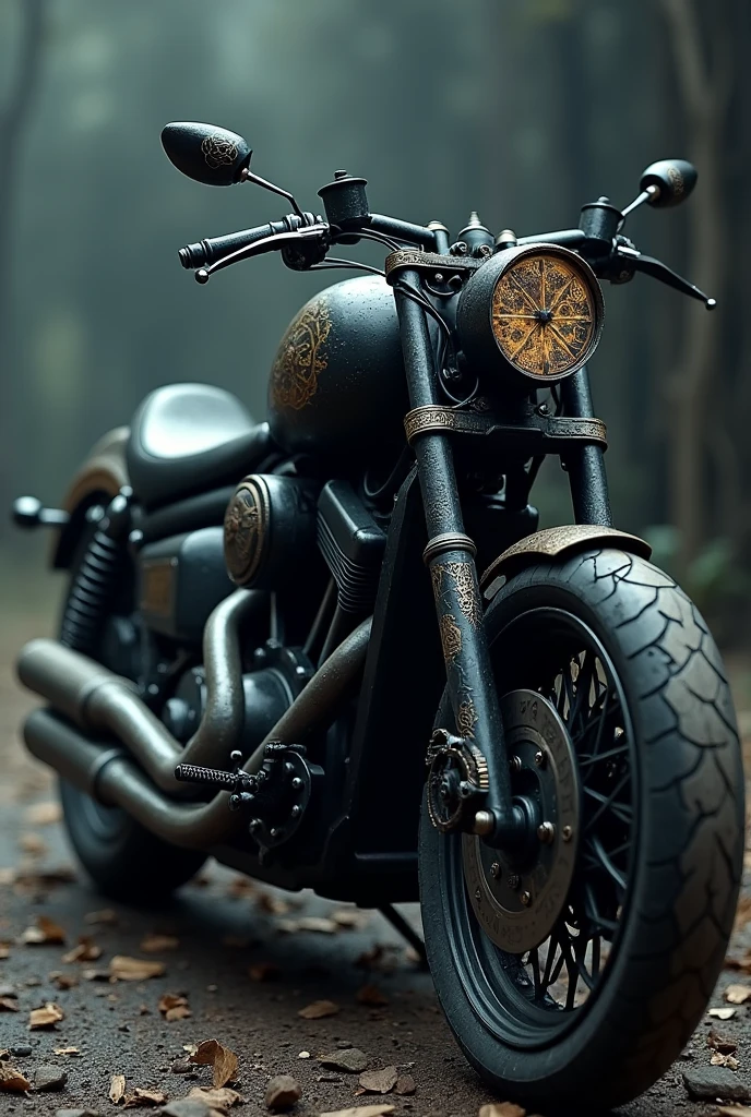 Create an image of a large motorcycle, black, ancient and cursed, like the fictional character ghost rider without the fire. Make her look spooky and ghostly, cursed with ancient and evil spirits. Image for RPG. Remove the front light.