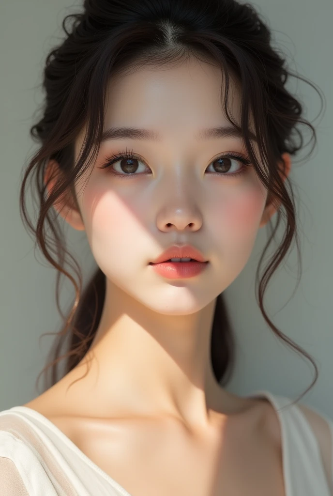 I want you to draw a girl with big full lips, slanted eyes, double eyelids, long eyelashes, straight eyebrows, a small and straight nose, and an oval face.