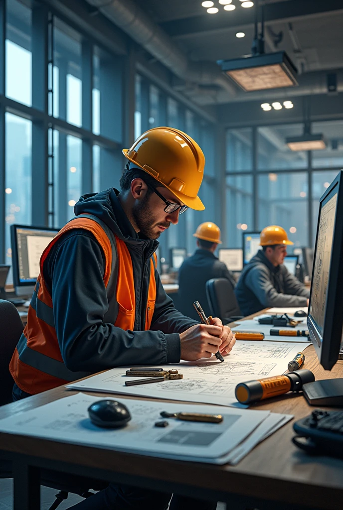 * context: A high-tech civil engineering office filled with computers and architectural plans and several people in hard hats.
* supper: Striperon is on a workbench, with tools scattered around. They are focused on solving a mathematical problem while in the background you can see large dark glass windows.
* Dialogue/heading: "Another day, another innovation..."
