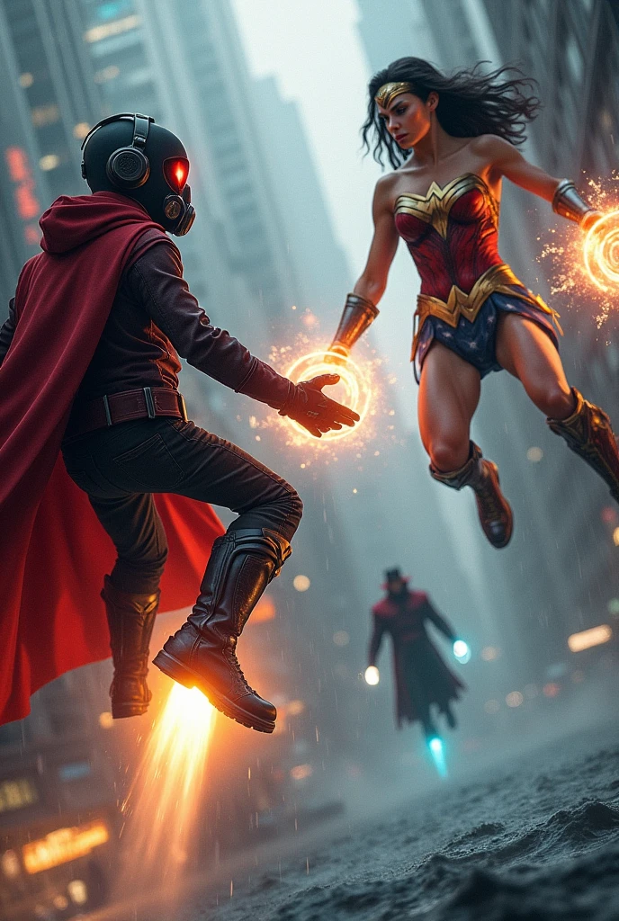 Young Star-lord with red hoodie, headphones, star-lord helmet, gas helmet, covered mouth, round red eyes, Red eyes, magic rings in the hands and rocket boots, Vs. Doctor strange, Vs. Wonder Woman, Fighting, power, fiction, full body, 3 person, magic lasso, hight, fall, fire in boots, poweful spells, fighting, realistic, helmet, mask, red cape, confrontation, punch, gun, flying in the sky, view of the city from above, rain, fighting over the spell book, Black gloves, ocean floor, face cover