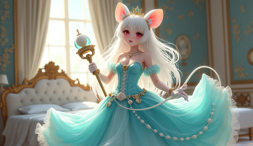 (best quality,4k,8k,highres,masterpiece:1.2), ultra-detailed, Pretty albino girl has a princess of the sea, drawn in 2D anime style, steampunk, wearing a iridescent turquoise princess gown with puffy sleeves, steampunk, gorgeous frilly dress design,flowing gown, elaborate lace details,rich textures,contrast stitching,delicate ribbon bows, seashells embroidery, full skirt with ocean wave pattern,short sleeves,fitted waistline,translucent flowing layered sleeves,lace-up back,luxurious fabrics,flawless silhouette, very long curly white hair adorned with hair accessories, red eyes, white fur, smiling, mouse ears and tail, ribboned high heels, white elbow evening gloves, pearl bracelets, tiara made of seashells, beautifully detailed lips with lipstick, long eyelashes, eyeshadow, seashell necklace, in a castle bedroom with intricate decoration and luxurious furniture, flower wallpaper, she is holding a magic staff made of seashells and pearls.
