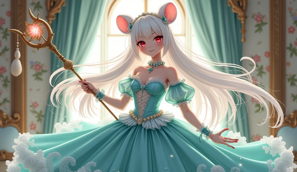 (best quality,4k,8k,highres,masterpiece:1.2), ultra-detailed, Pretty albino girl has a princess of the sea, drawn in 2D anime style, steampunk, wearing a iridescent turquoise princess gown with puffy sleeves, steampunk, gorgeous frilly dress design,flowing gown, elaborate lace details,rich textures,contrast stitching,delicate ribbon bows, seashells embroidery, full skirt with ocean wave pattern,short sleeves,fitted waistline,translucent flowing layered sleeves,lace-up back,luxurious fabrics,flawless silhouette, very long curly white hair adorned with hair accessories, red eyes, white fur, smiling, mouse ears and tail, ribboned high heels, white elbow evening gloves, pearl bracelets, tiara made of seashells, beautifully detailed lips with lipstick, long eyelashes, eyeshadow, seashell necklace, in a castle bedroom with intricate decoration and luxurious furniture, flower wallpaper, she is holding a magic staff made of seashells and pearls.