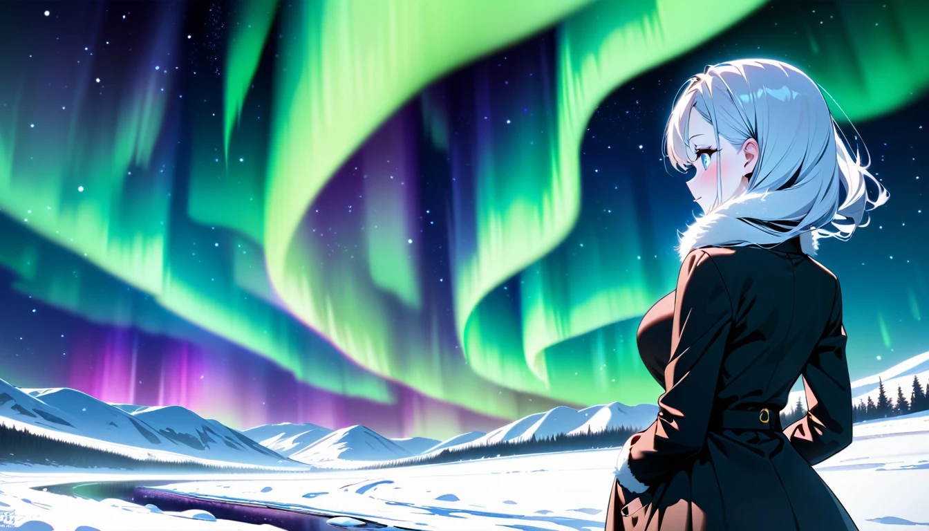 a girl, snow-covered landscape, midnight, stunning aurora, girl gazing at aurora, big breasts, slim waist, white skin, beautiful, petite, fine hair, beautiful hair, warm coat, cozy, back shot, detailed face, beautiful eyes, elegant, cute, anime-style, manga-inspired, captivating, artistic depth, emotional resonance, masterpiece, ultra high quality illustration, high resolution, 16k, beautiful, delicate, (SuperQuality:1.2)