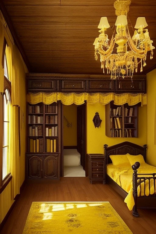 Gothic architecture、Yellow and brown atmosphere、Gothic、yellow、wood、very small teddy bear、stage、hinterland、room、Honey、Bedroom、canopy、Bookshelf、Master Room、広いBedroom、hidden door、地下へ繋がるstage