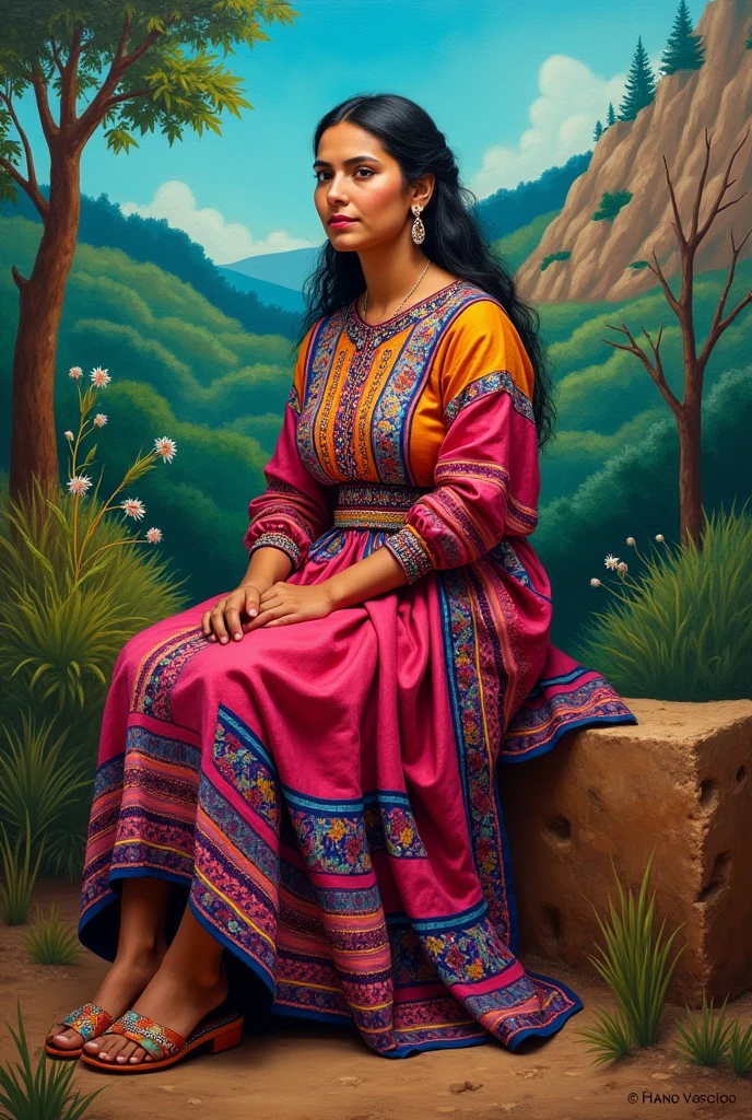 Mexican painting of an indigenous woman sitting wearing traditional clothing 