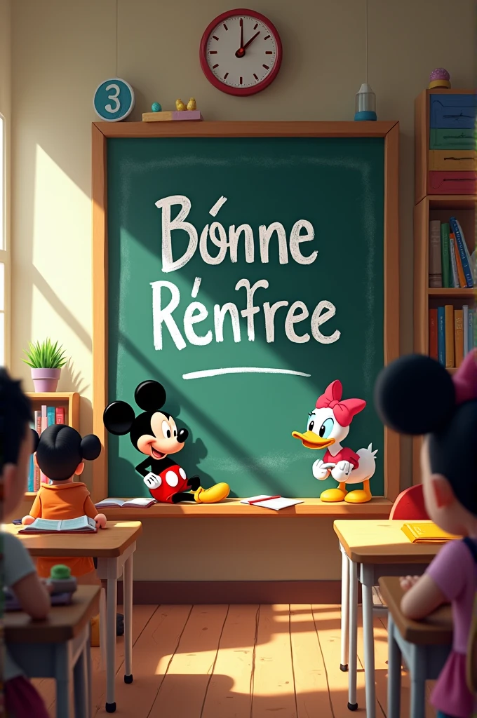 Ecrire " bonne rentrée " sur le tableau de l'ecole avec des personnages de Disney modernes.