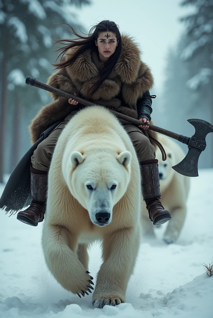 photorealistic of a female Viking warriors with long hair and face tattoo wearing a brown bear fur cloak riding a huge polar bear, detailed face, beautiful woman, holding axe with one hand, charging forward, cowboy shot, snow storm, secluded background, snow forest background, dramatic lighting, high contrast