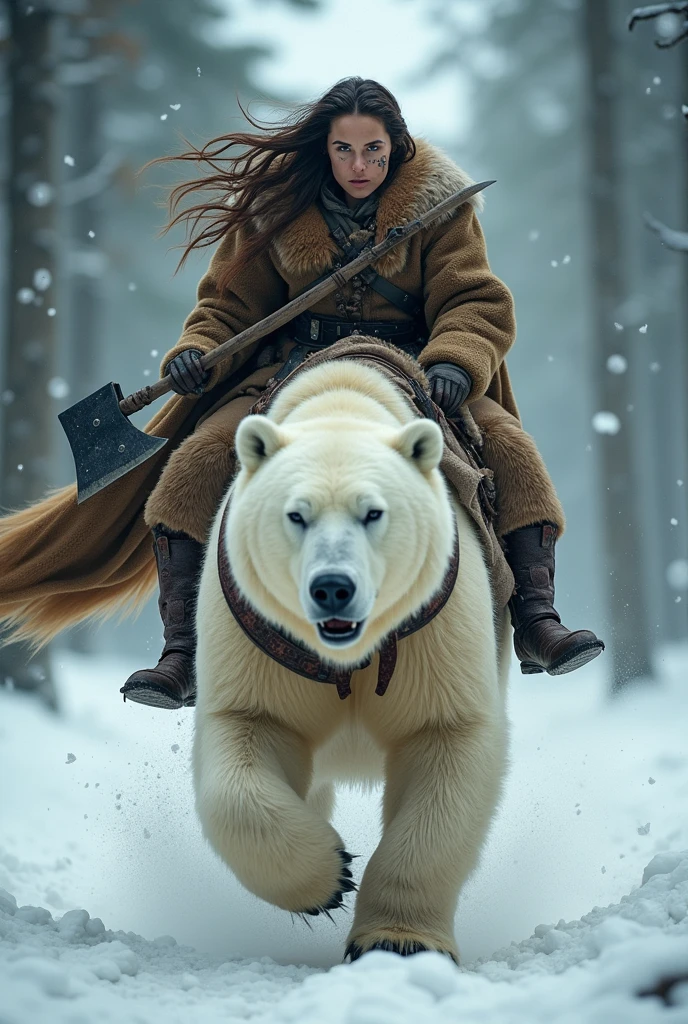 photorealistic of a female Viking warriors with long hair and face tattoo wearing a brown bear fur cloak riding a huge polar bear, detailed face, beautiful woman, holding axe with one hand, charging forward, cowboy shot, snow storm, secluded background, snow forest background, dramatic lighting, high contrast