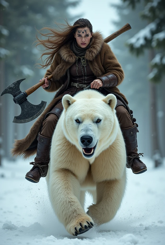 photorealistic of a female Viking warriors with long hair and face tattoo wearing a brown bear fur cloak riding a huge polar bear, detailed face, beautiful woman, holding axe with one hand, charging forward, cowboy shot, snow storm, secluded background, snow forest background, dramatic lighting, high contrast
