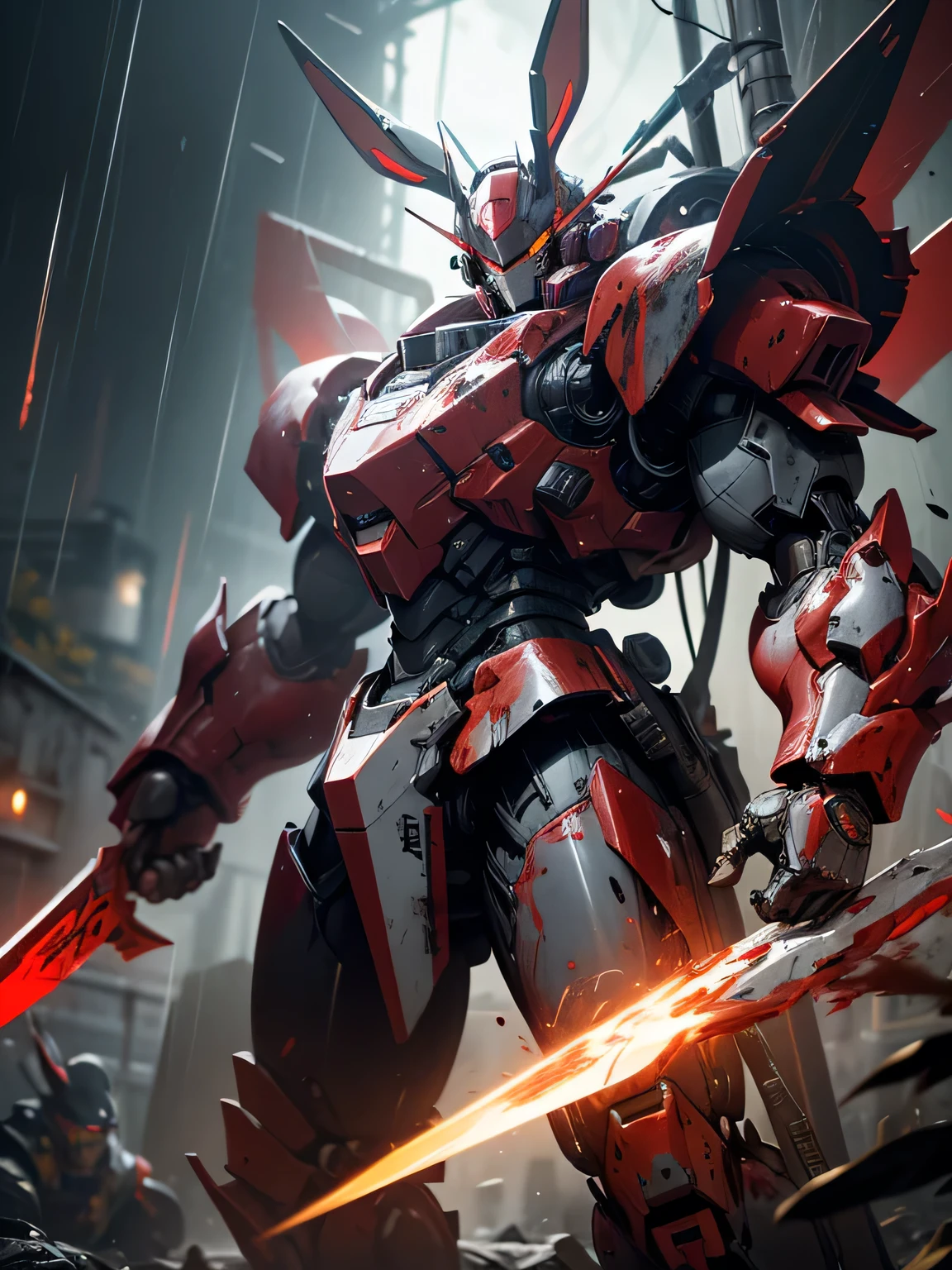 mecha, rabbit, huge hand blade robot, black, red, and yellow, male strong rabbit mecha, realistic background, bloody rain, blood armor, blood spike, rabbit armor, big mecha, big armor, heavy layer armor