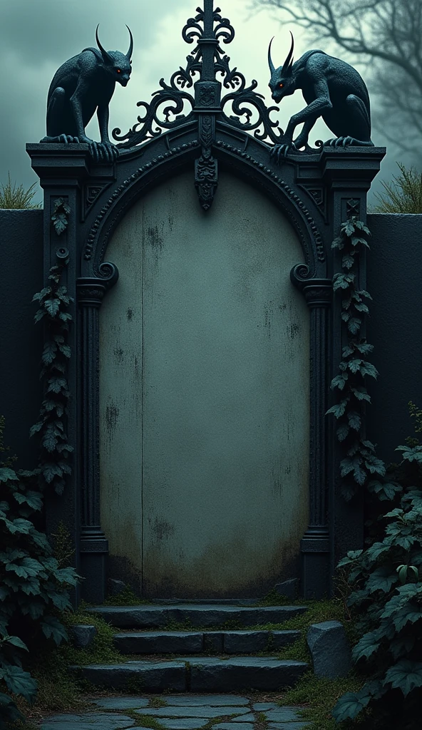 Gothic Fantasy Template: A dark, high-quality Instagram cover inspired by gothic fantasy, with ornate, twisted ironwork and shadowy gargoyles framing the image area. The caption box is a stone-like slab with cracks and vines creeping around it, using dramatic, gothic fonts for a mysterious feel.