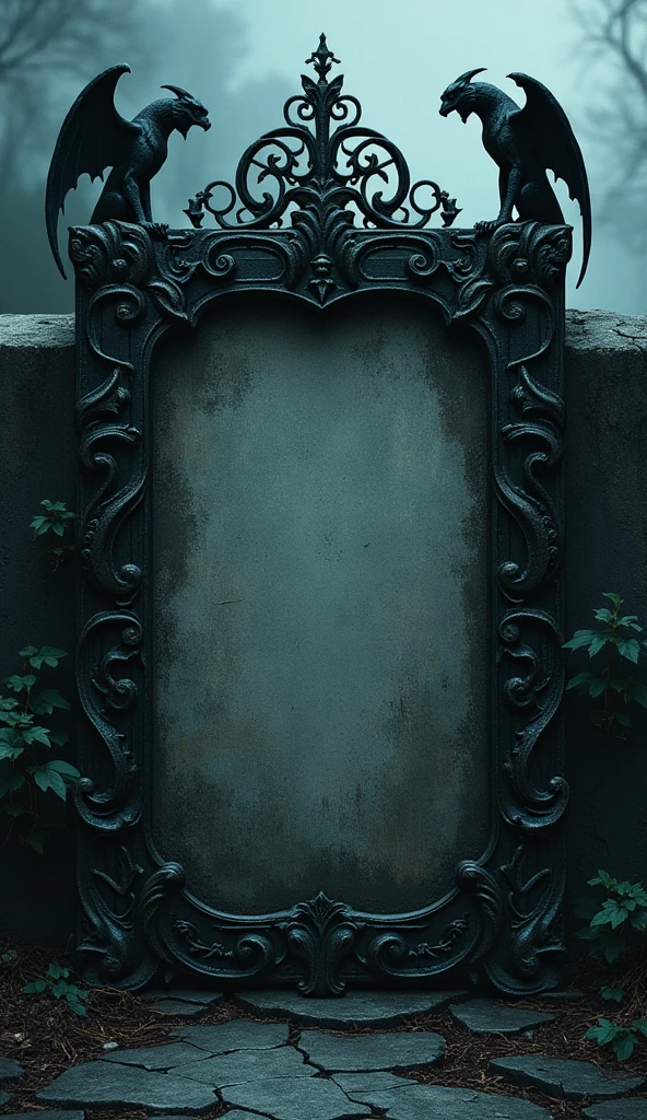 Gothic Fantasy Template: A dark, high-quality Instagram cover inspired by gothic fantasy, with ornate, twisted ironwork and shadowy gargoyles framing the image area. The caption box is a stone-like slab with cracks and vines creeping around it, using dramatic, gothic fonts for a mysterious feel.

