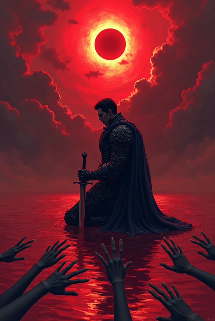 Draw a knight kneeling in a red sea leaning on his sword with several hands holding him in the sea with an eclipse in the background.. Dark cartoon anime style drawings
