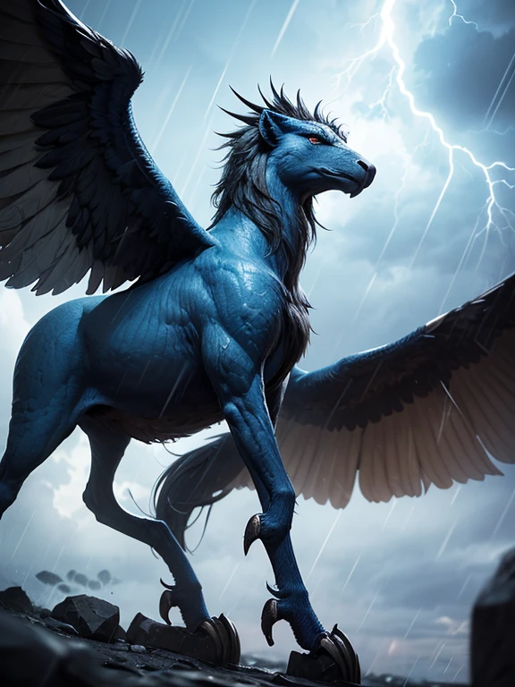 best quality, masterpiece, (A giant blue Mythological rain Griffin stands on two legs and duels with a Giant black Mythological storm Griffin :1.5)、(Griffin has the wings and upper body of an eagle.、With the lower body of a lion)、The moment when they shoot beams from their mouths、Golden Ground、Several large, rugged rocks stand tall in the field.、(low angle:1.3)、(Front lighting)