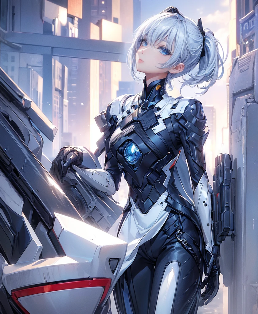 ((4K Works))、masterpiece、(Highest quality)、One beautiful girl、The body is slim、expensive、((Black Y-shirt and white pants、Charming street style))、Please wear a cropped jacket、(Beautiful eyes in every detail)、Morning City、Stylish city、Kneel、((short-haired gray hair))、((Makes your face smaller))、((Neutral face))、((Bright Blue Eyes))、((Adult female, 2))、((Cool woman))、((Like a celebrity))、((Korean Makeup))、((elongated and sharp eyes))、((boyish))、Professional photos、((Model Photo))、((Look up at the sky))、((Shooting from behind))、((She is looking upwards))、((Her eyes are looking up))、((Increase the angle of the face))、((She is walking in front of the viewer))、(Neckline), Elbow-length gloves、Knee-high boots