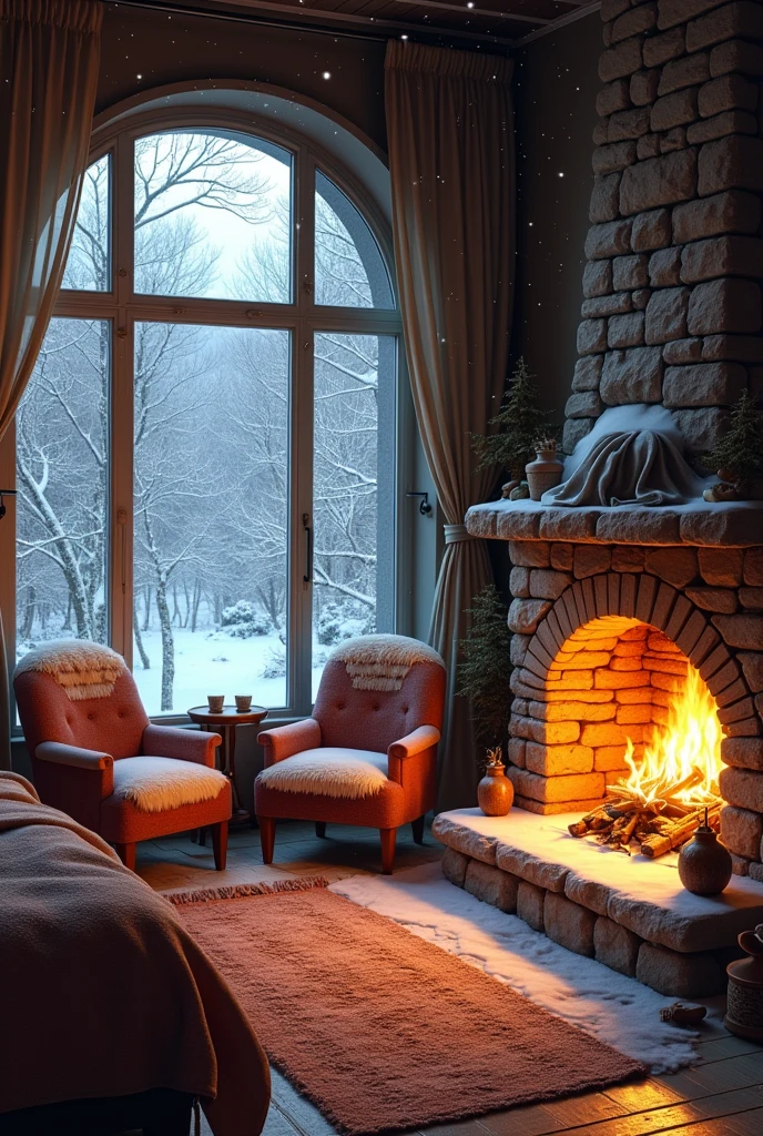 (photorealism:1.2), Imagine a cozy room, warmly lit by the soft glow of a crackling fire in the stone fireplace. The room is furnished with a plush bed, inviting and layered with thick blankets, and a pair of comfortable chairs arranged near the window. Outside, the world is transformed into a winter wonderland as snowflakes gently fall, blanketing the ground in a soft, white layer. The window frames the serene scene, with snow-covered trees swaying lightly in the breeze and the distant sound of snow crunching underfoot. Inside, the warmth of the fire contrasts beautifully with the chilly landscape outside, creating a perfect retreat to enjoy the peaceful beauty of a snowy day. realistic, intricate details, warm colors, by Greg Rutkowski, by Alphonse Mucha