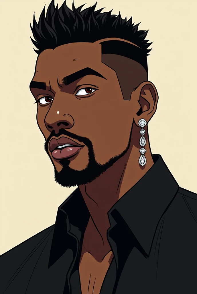 a black man with short hair shaved on the sides, wearing a crown, diamond earrings in the ears, with black shirt, portraits, brown eye color. anime styling. very dark espresso skin color. wide nose, big lips