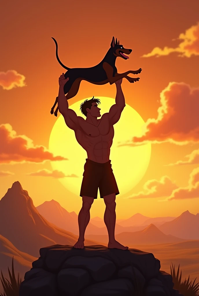 Man raising pincsher high like the lion king