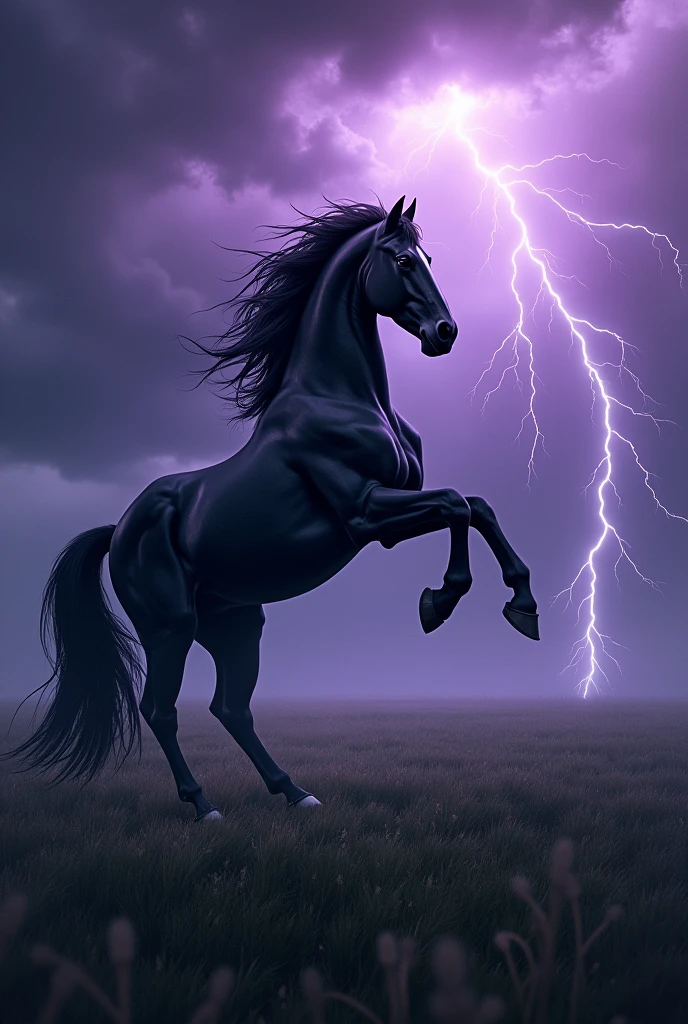 Raven horse on hind legs field, There is a thunderstorm behind. Color range purple, black and ultramarine
