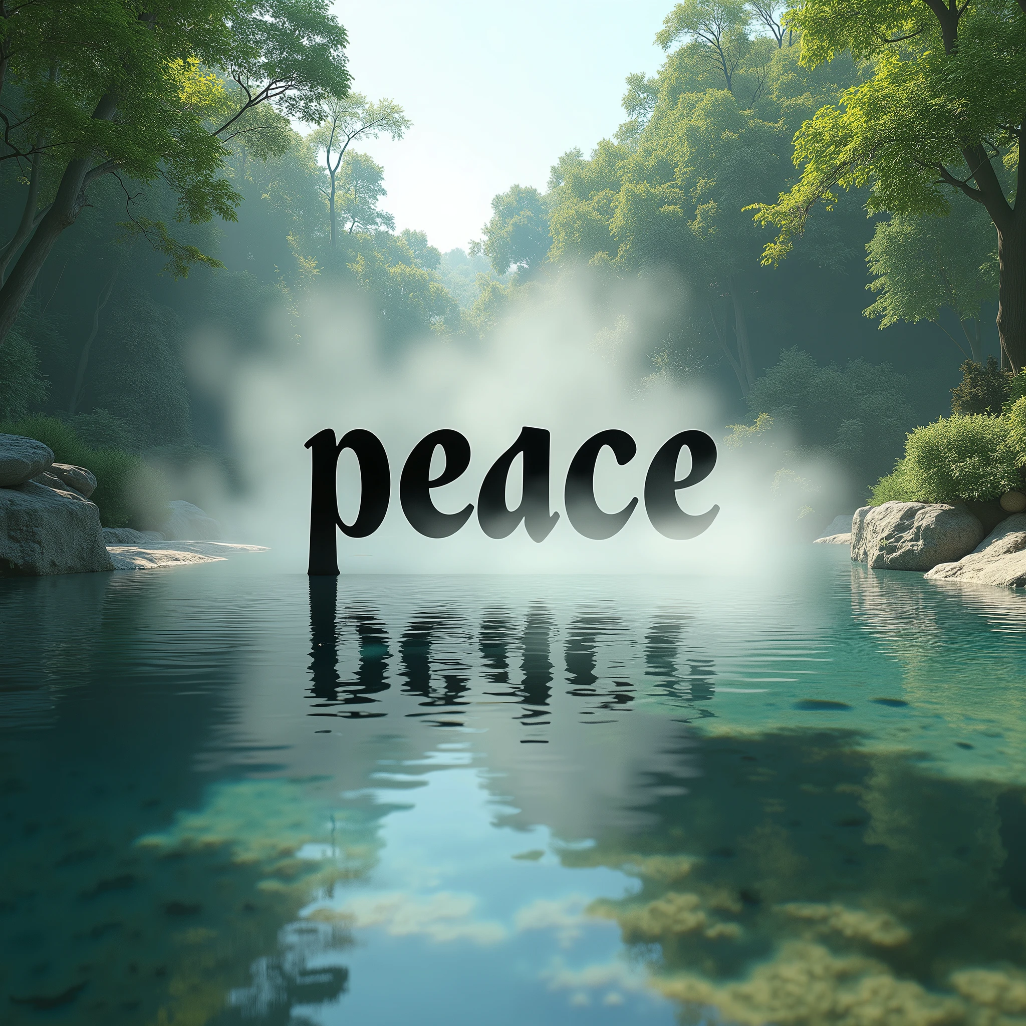 (masterpiece:1.2, Highest quality, Ultra-high resolution, Very detailed, Realistic, Ultra-high resolution), 8k, wallpaper, (Shooting the pond from above), (A detailed depiction of the pond bottom with the water surface reflections removed:2.0), sunny, Royal garden, Serene landscape, Healing. (rocks and sand at the bottom of the pond). Some fishes. [(Suspended in the air between scene and the viewer, a translucent, almost ghostly black message reads exactly: "PEACE". The text appears as if it's floating, blurred at the edges, with the letters formed from a faint mist or white smoke that lingers in the space. The smoky words are readable, though not overly bright, hovering just in front of his gaze, creating a surreal yet powerful effect. Text exactly says: "PEACE". They seem to be written in chalk. The text says: "PEACE". semi-transparent text that reads 'PEACE' in a dramatic, bold font. The text almost acts as a le, floating in the air, partially obscuring the scene but enhancing the overall tension and urgency of the moment)].