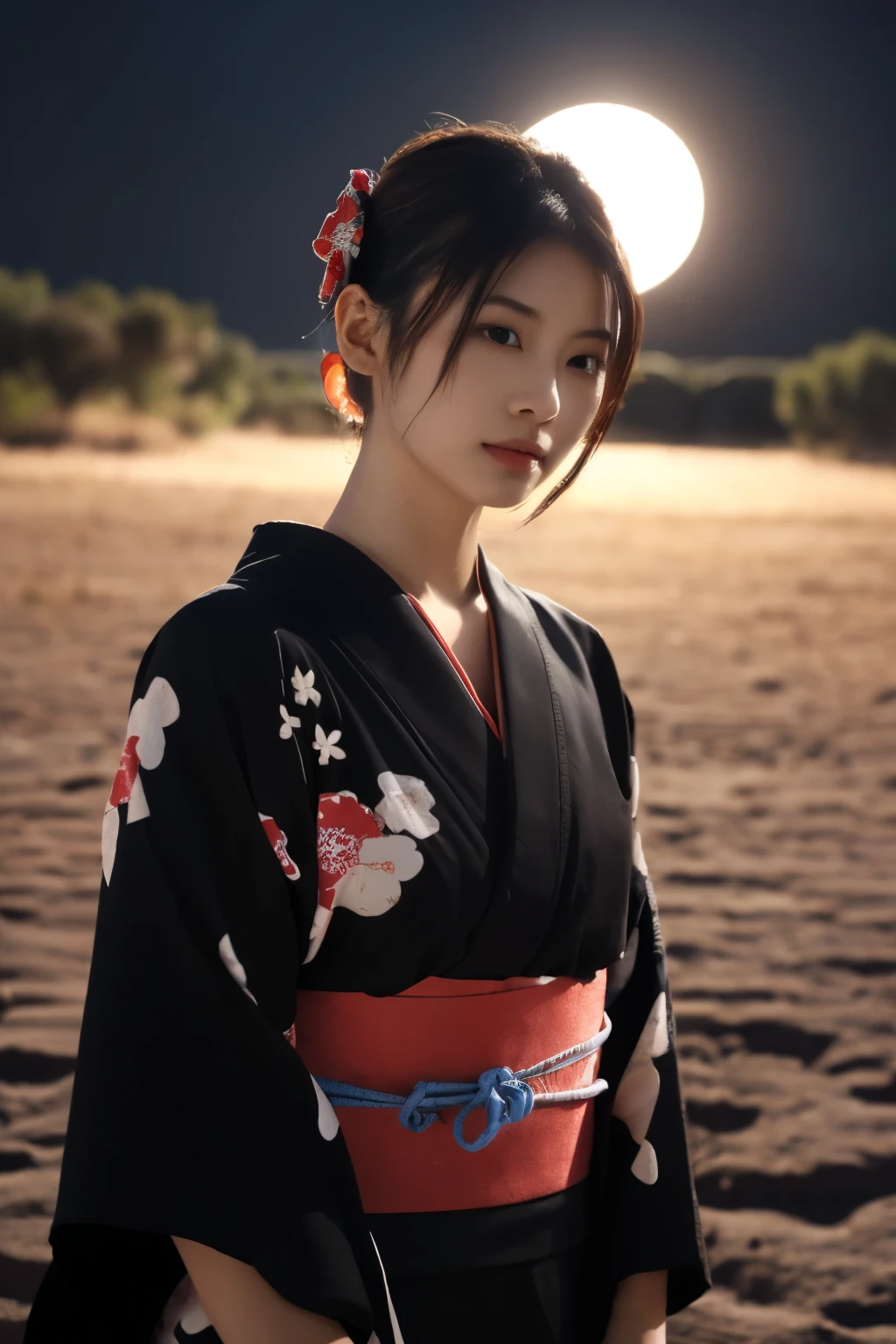 1 girl, (Please wear a cute red yukata.:1.2), Very beautiful Japanese idol portraits, 
(RAW Photos, Highest quality), (Realistic, Realistic:1.4), (masterpiece), 
Very delicate and beautiful, Very detailed, 2k wallpaper, wonderful, finely, Very detailed CG Unity 8K wallpaper, Very detailed, High resolution, Soft Light, 
Beautiful detailed girl, Very detailed目と顔, Beautiful and sophisticated nose, Beautiful and beautiful eyes, Cinema Lighting, 
(Standing in the desert on a moonlit night:1.3), (Big Moon), (月明かりに浮かぶ少女のwhole bodyのシルエット), (Dark screen:1.5), 
(Medium Hair), (Tie your hair back), (whole body), 
Complete Anatomy, Slender body, Small breasts