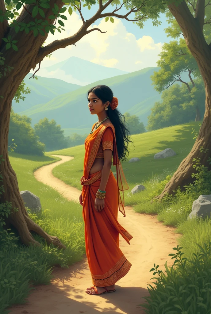 A beautiful Indian girl standing at a crossroads, looking unsure.