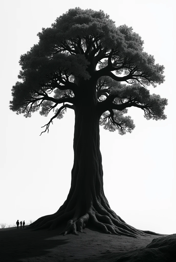 A huge black tree on a black and white screen, let's look at the tree from the middle on the ground